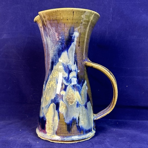 Studio Other - Vintage Handmade Studio Pottery Pitcher 9.5" Blue Brown Drip Glaze Art Pottery